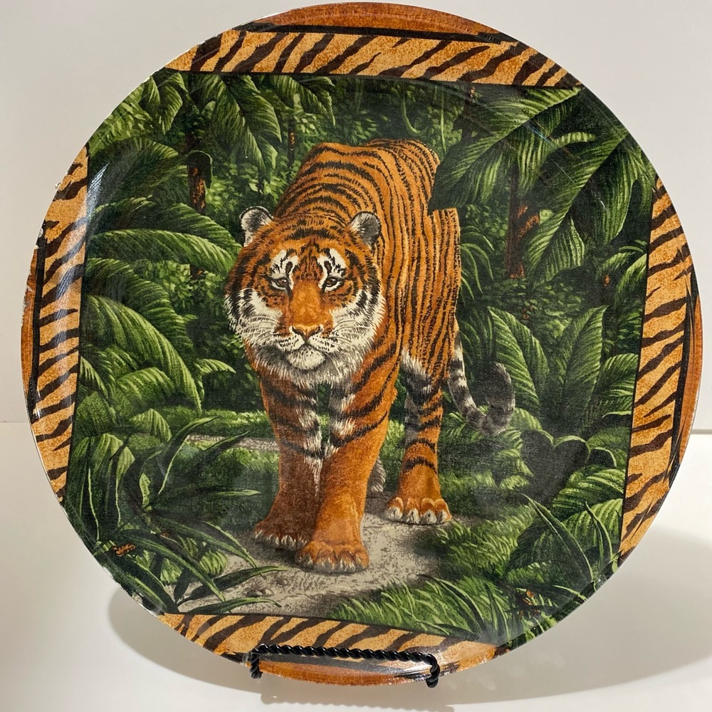 Tiger Fabric Backed Decoupaged Clear Round Plate Platter Decorative 13"